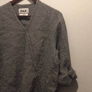 Vintage FLAX Linen Gingham Faux Wrap Top w Pocket